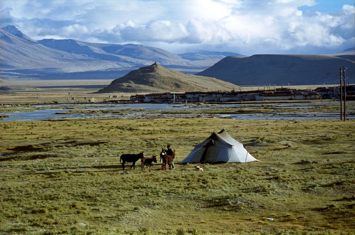 19 Nomad Tent On Tingri Plain With Tingri Village Behind In 1998 A nomad camps on the Tingri plain with the village of Tingri behind in 1998.